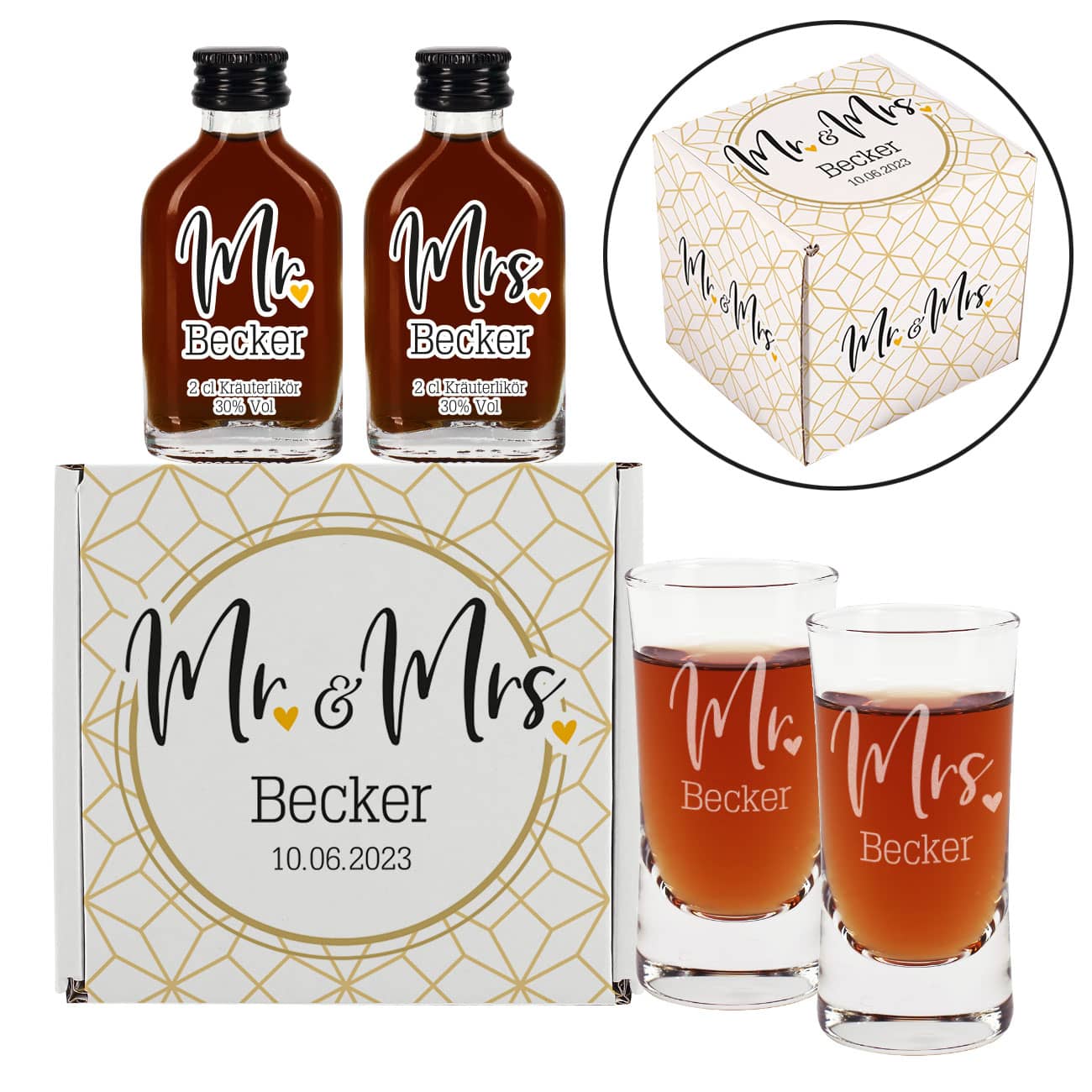Schnaps-Geschenkset - Mr. & Mrs. - mit zwei Kräuterschnäpsen, Gläsern und einer tollen Geschenkverpackung