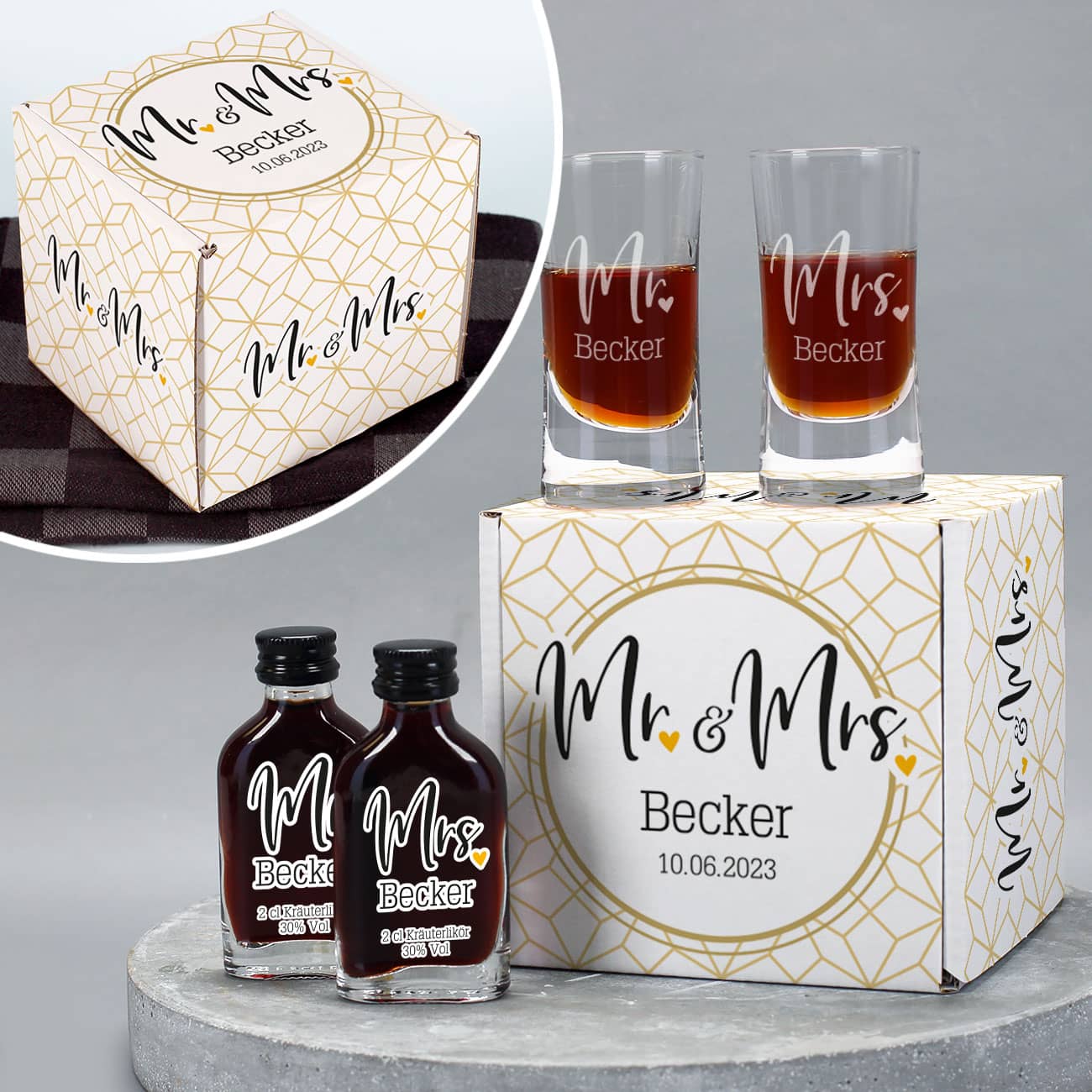 Mr. & Mrs. - Geschenkset zum Polterabend oder Zur Hochzeit mit Schnapsgläsern, Kräuterlikör und einer Geschenkbox
