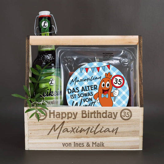 Geschenkkorb mit Gravur von Name, Alter und Text