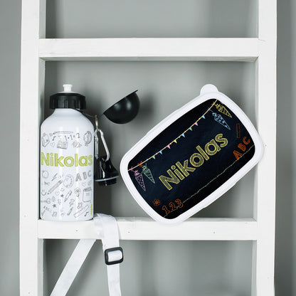 Set zur Einschulung mit Tafeloptik-Motiv auf Trinkflasche und Brotdose