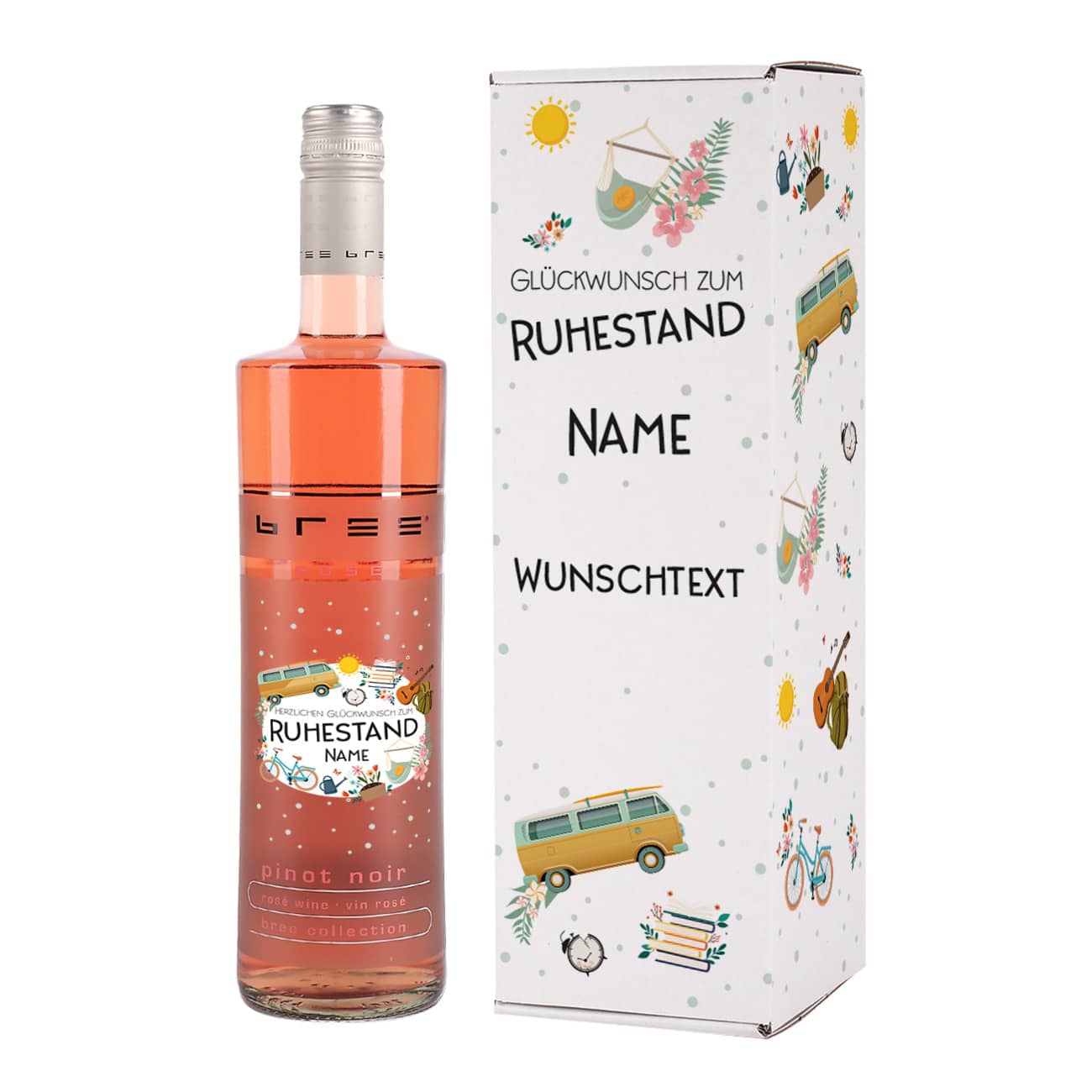 BREE Rosewein und Pappverpackung bedruckt mit buntem Motiv zur Rente