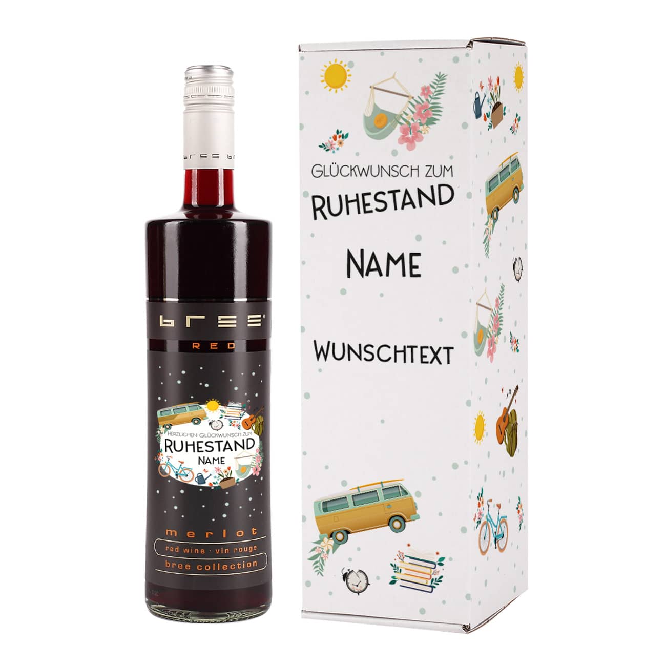 BREE Rotwein und Pappverpackung bedruckt mit buntem Motiv zur Rente