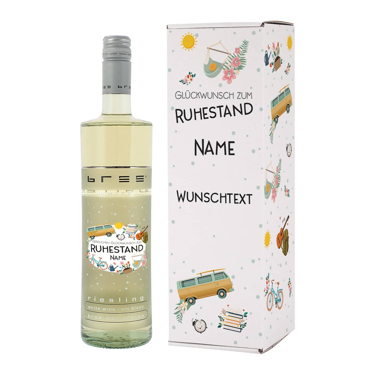 BREE Weißwein und Pappverpackung bedruckt mit buntem Motiv zur Rente