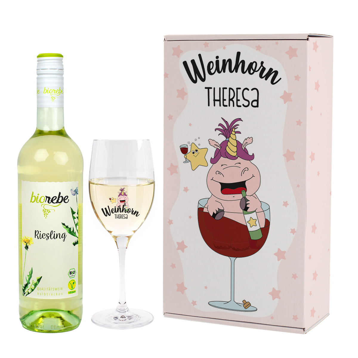 Weinhorn Geschenkset mit Leonardo Weinglas und Biorebe Wein | Weißwein, Rotwein, Rosé