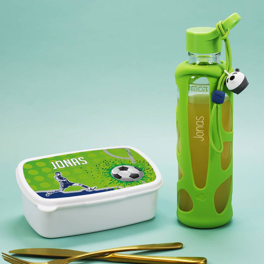 Set mit Trinkflasche und Brotdose in Grün mit Name personalisiert
