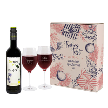 Geschenk Set zu Weihnachten mit 2 Weingläsern und Biorebe Wein in Geschenkverpackung