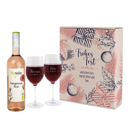 Geschenk Set zu Weihnachten mit 2 Weingläsern und Biorebe Wein in Geschenkverpackung