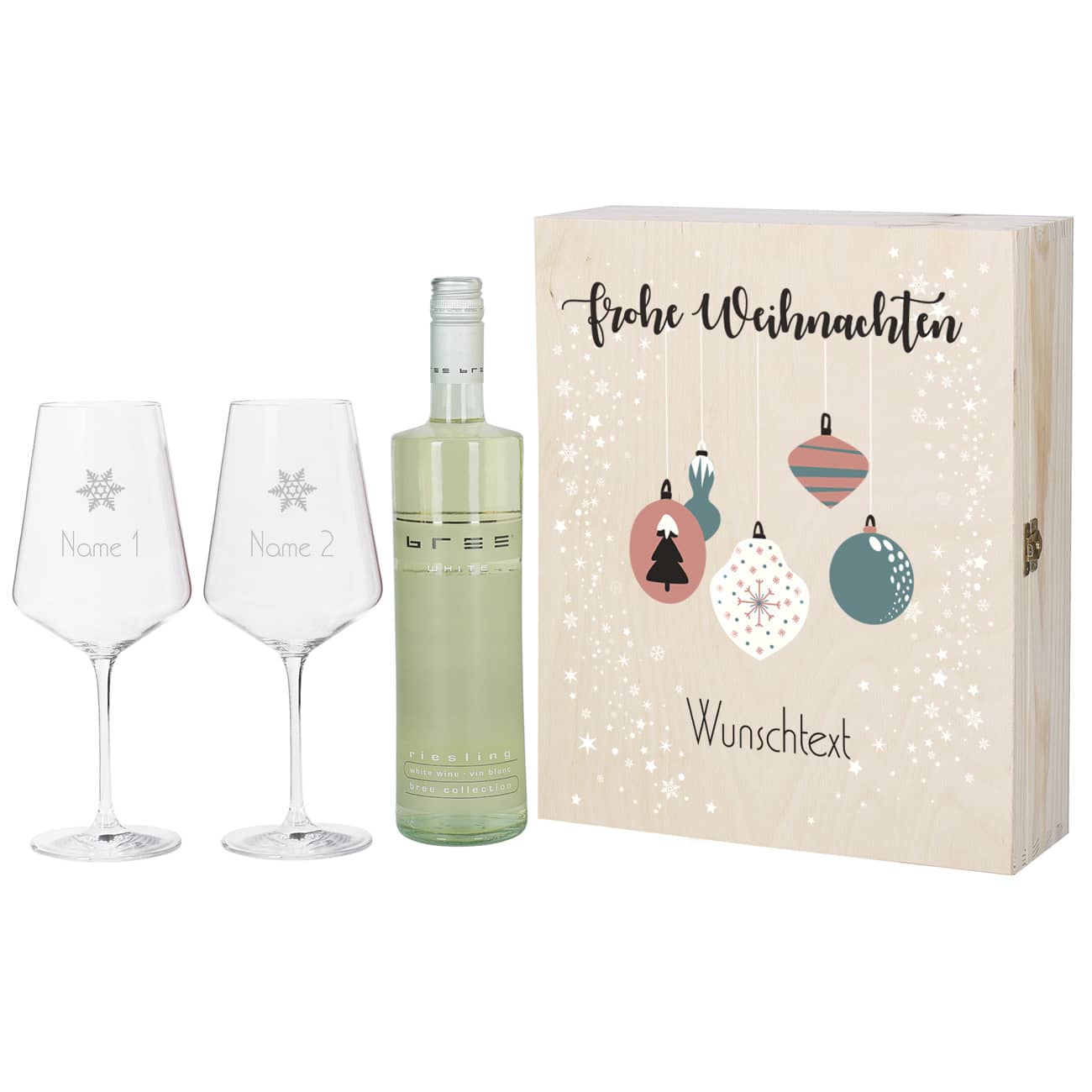 Geschenkset zu Weihnachten mit Holzbox und zwei Weingläsern graviert mit Ihren Wunschnamen