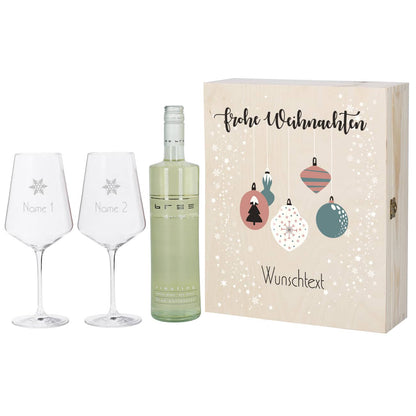 Geschenkset zu Weihnachten mit Holzbox und zwei Weingläsern graviert mit Ihren Wunschnamen