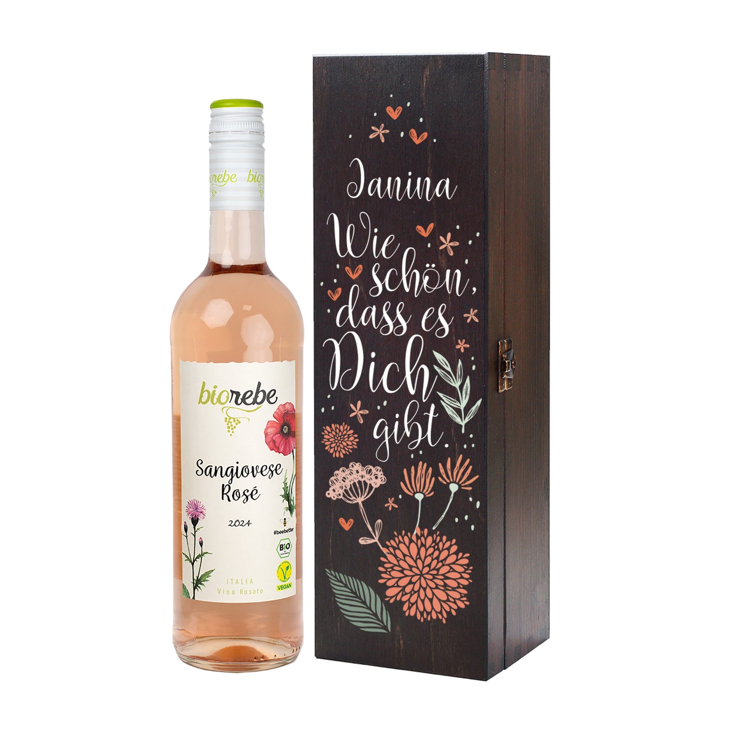 Geschenkset mit Biorebe Dornfelder 2023 und personalisierter Holzbox „Wie schön, dass es Dich gibt“ mit Blumenmuster.