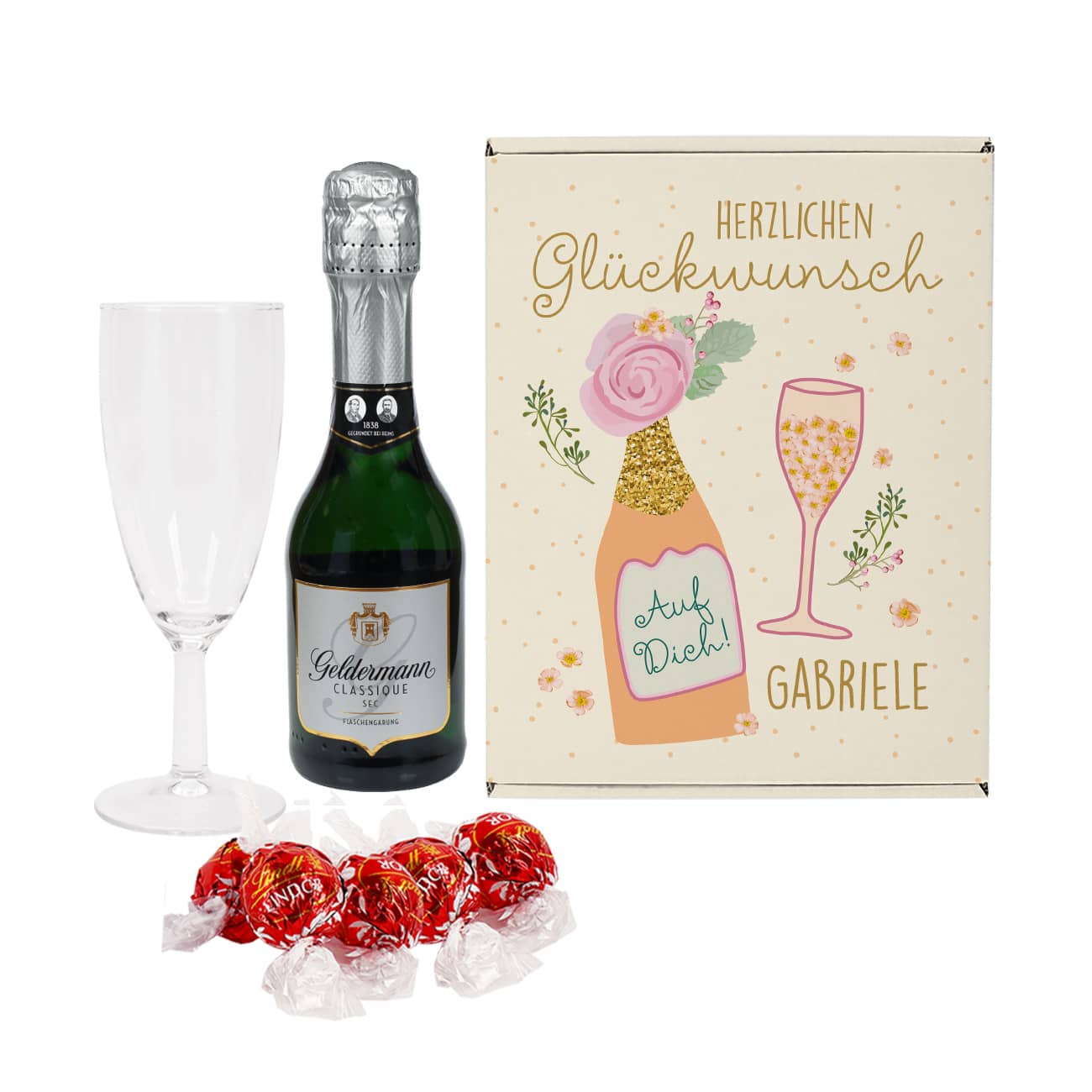 Sekt Geschenkset zum Geburtstag mit Lindor-Kugeln in bedruckter Geschenkbox