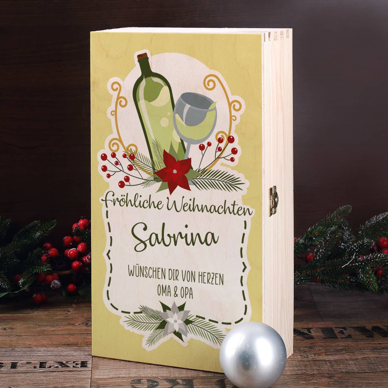 Personalisierte Weißwein-Geschenkbox mit Name und Wunschtext bedruckt