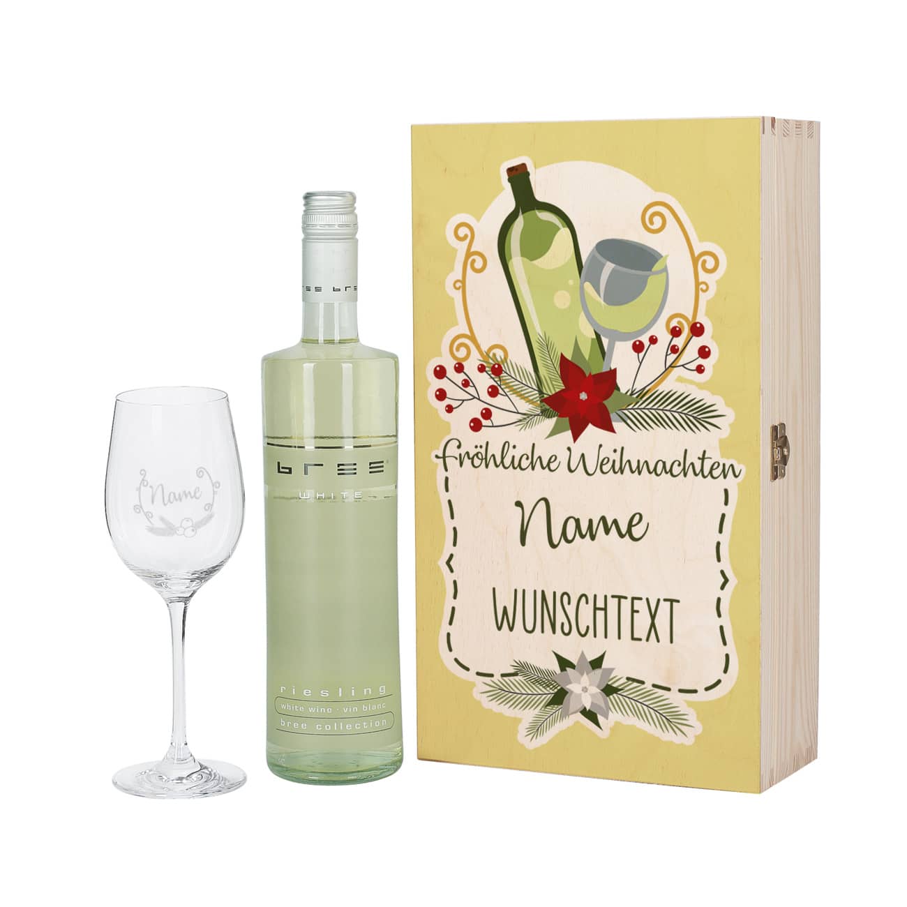 Geschenkbox mit Weihnachtskranz bedruckt, Riesling und graviertem Weißweinglas