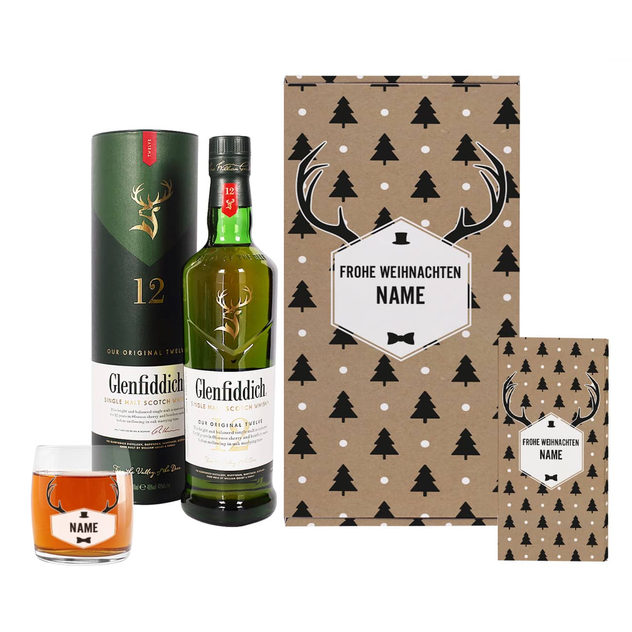 Whisky Geschenkset mit Hirschgeweih und Tannenbaum Motiv und mit Name