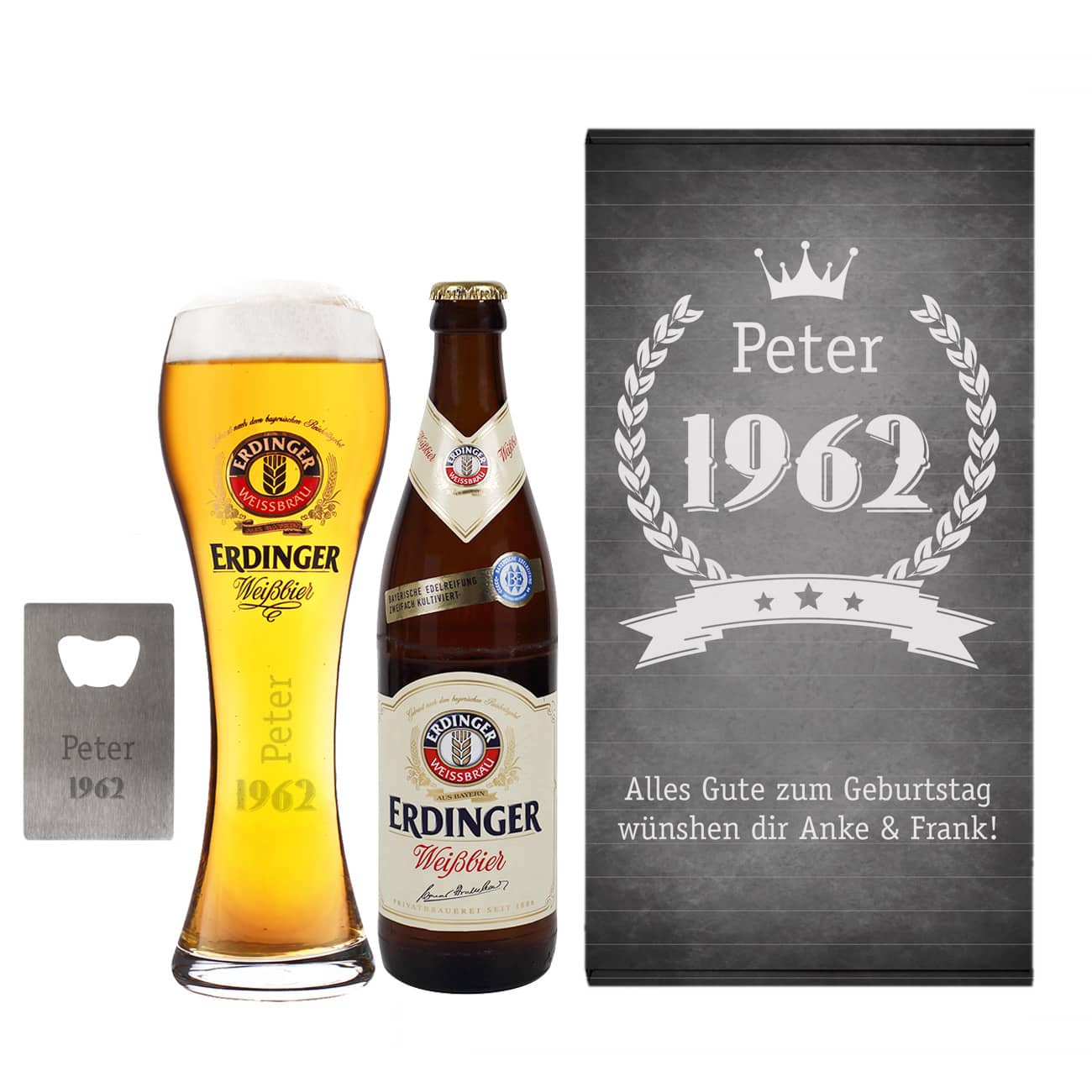 Erdinger Geschenkset zum Geburtstag mit graviertem Glas, Weißbier und Öffner