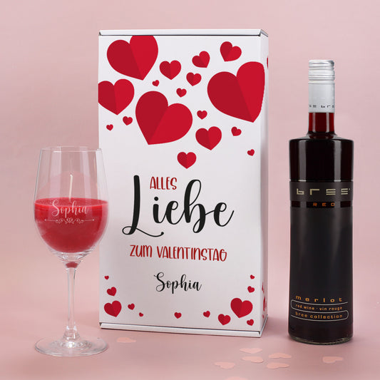 Alles Liebe - Weingeschenkset mit Duftkerze im graviertem Weinglas