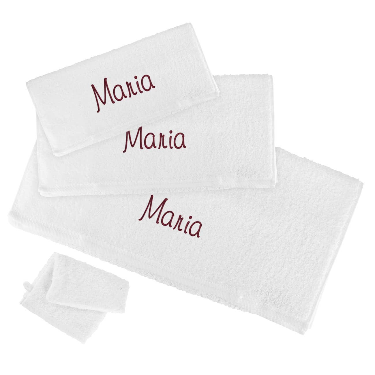 4-teiliges Handtuchset in Weiß mit Name in Weinrot bestickt
