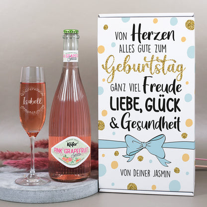 Geschenkset zum Geburtstag mit Geschenkbox, graviertem Sektglas und Fruchtsecco