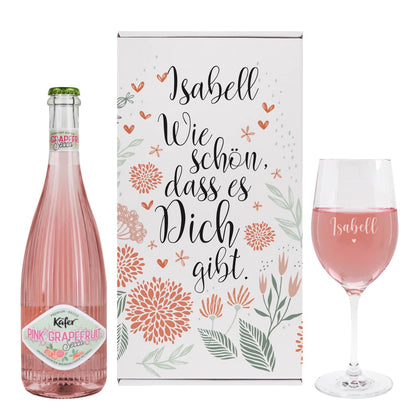 Geschenkset mit Fruchtsecco, personalisierter Geschenkverpackung und graviertem Glas
