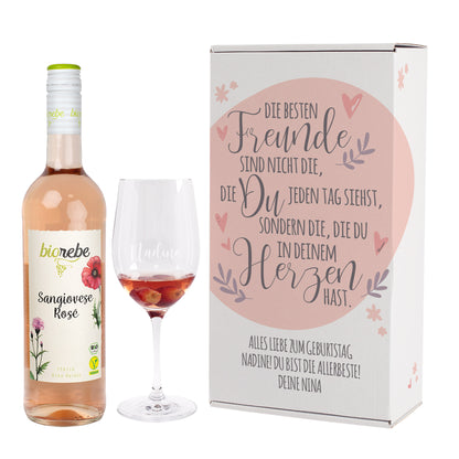 Wein Geschenkset für die beste Freundin mit Weinglas und Pappbox | 3 Sorten Biorebe