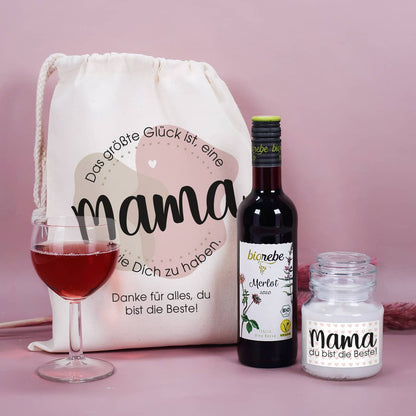 Geschenkset mit Wein, Geschenkbeutel mit Name, Weinglas und Duftkerze mit Name
