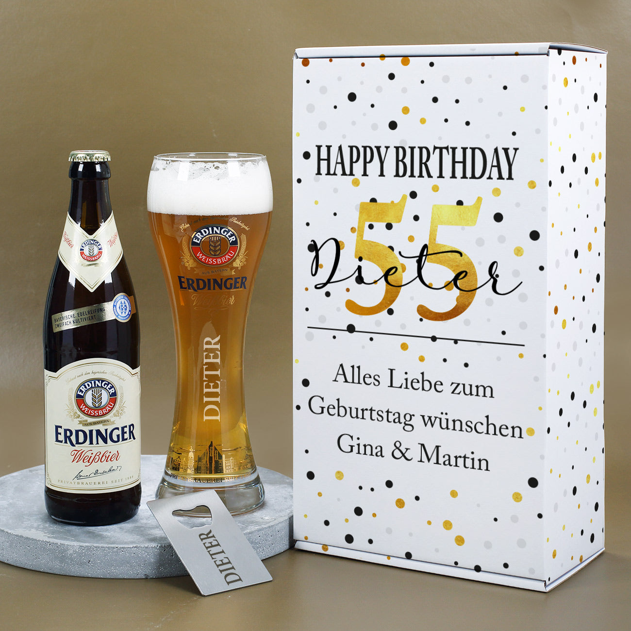 Erdinger Bier-Set zum Geburtstag mit Glas, Bier, Flaschenöffner und Box | Sorte wählbar