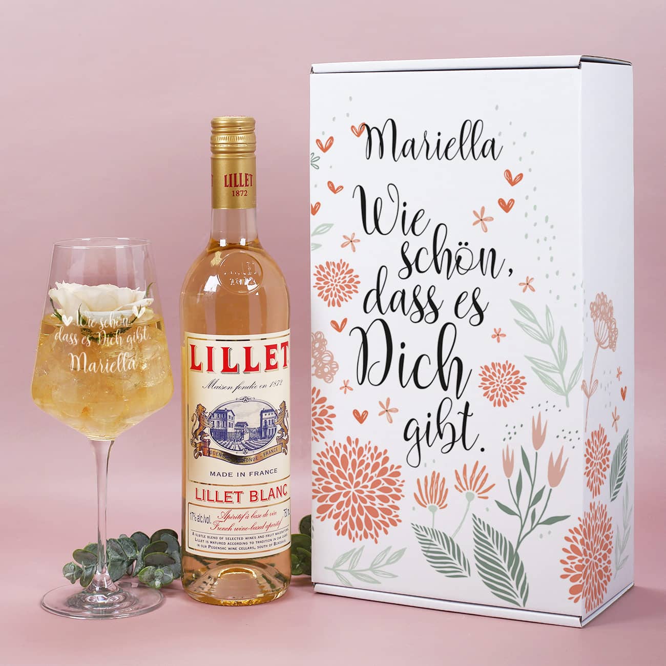 Lillet - Präsentbox mit graviertem Leonardo Weinglas und Wunschname