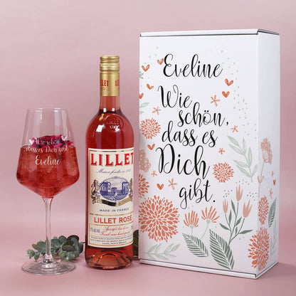 Lillet - Geschenk Set mit graviertem Weinglas und ansprechender Verpackung