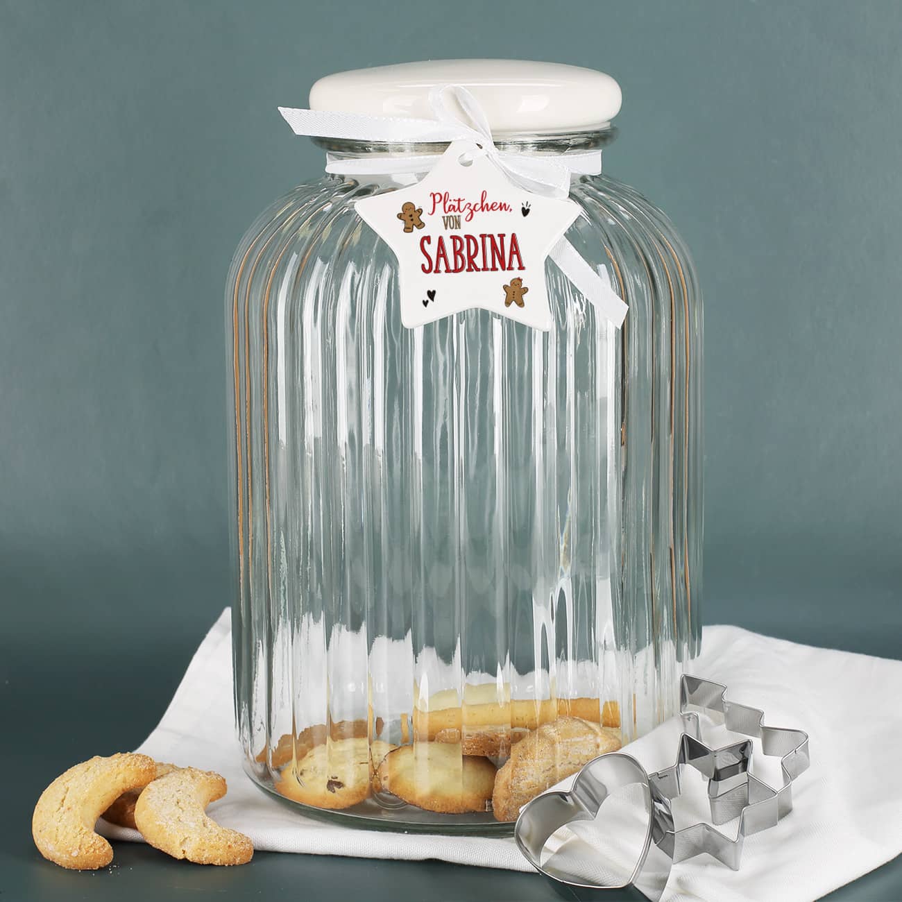 Riesiges Keksglas mit personalisiertem Keramikanhänger und 3 Keksausstechern
