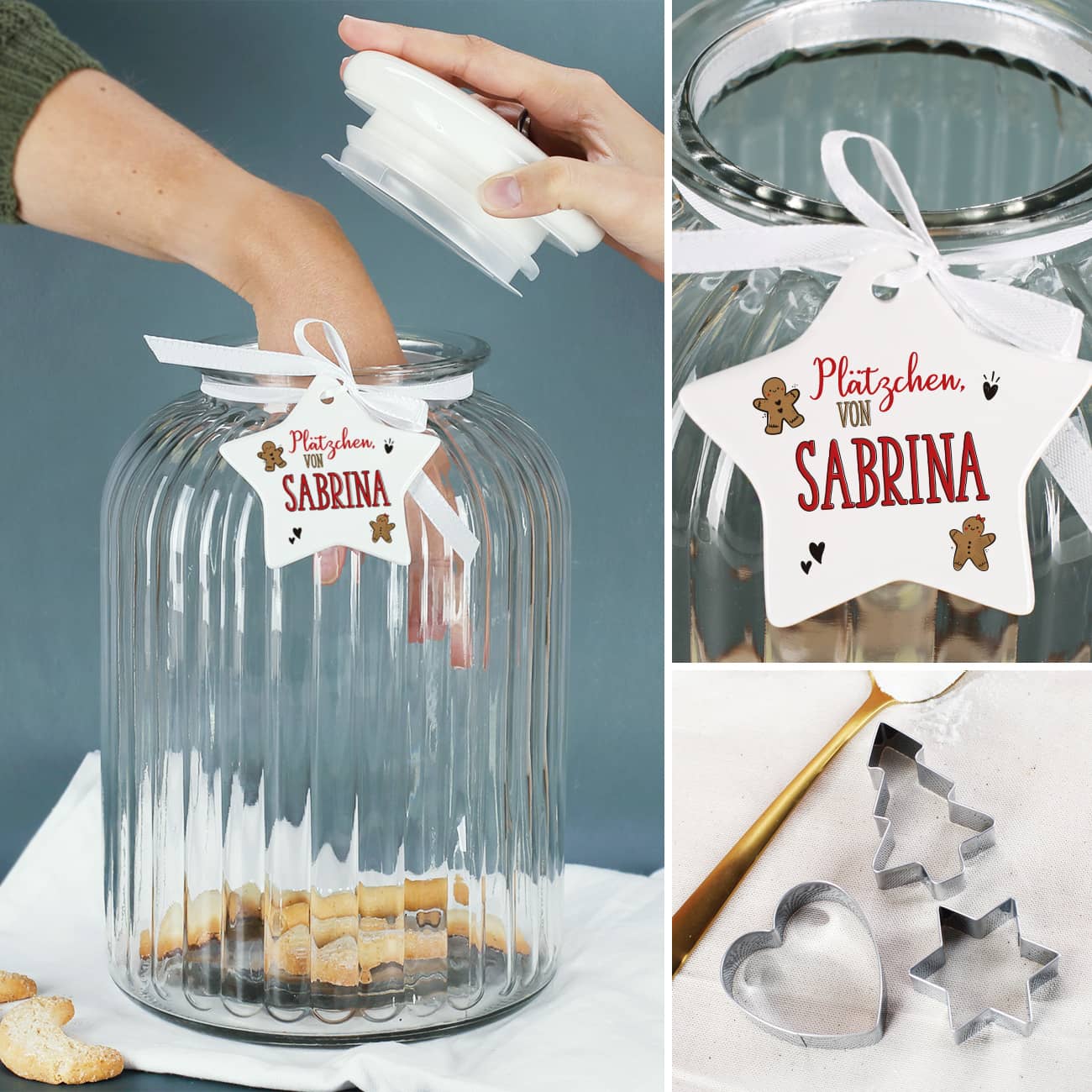 Set aus riesiger Keksdose, 3 Keksausstechern und persönlichem Anhänger zu Weihnachten