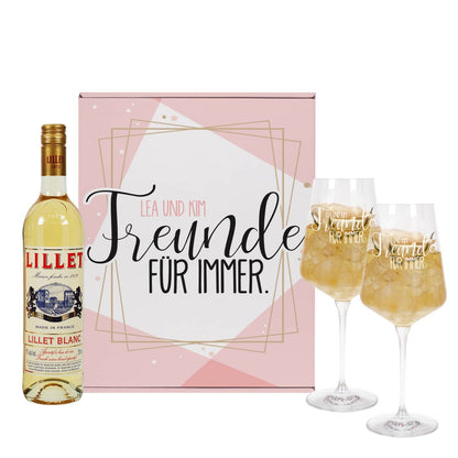 Geschenkset "Freunde für immer" mit gravierten Weingläsern und Lillet Blanc