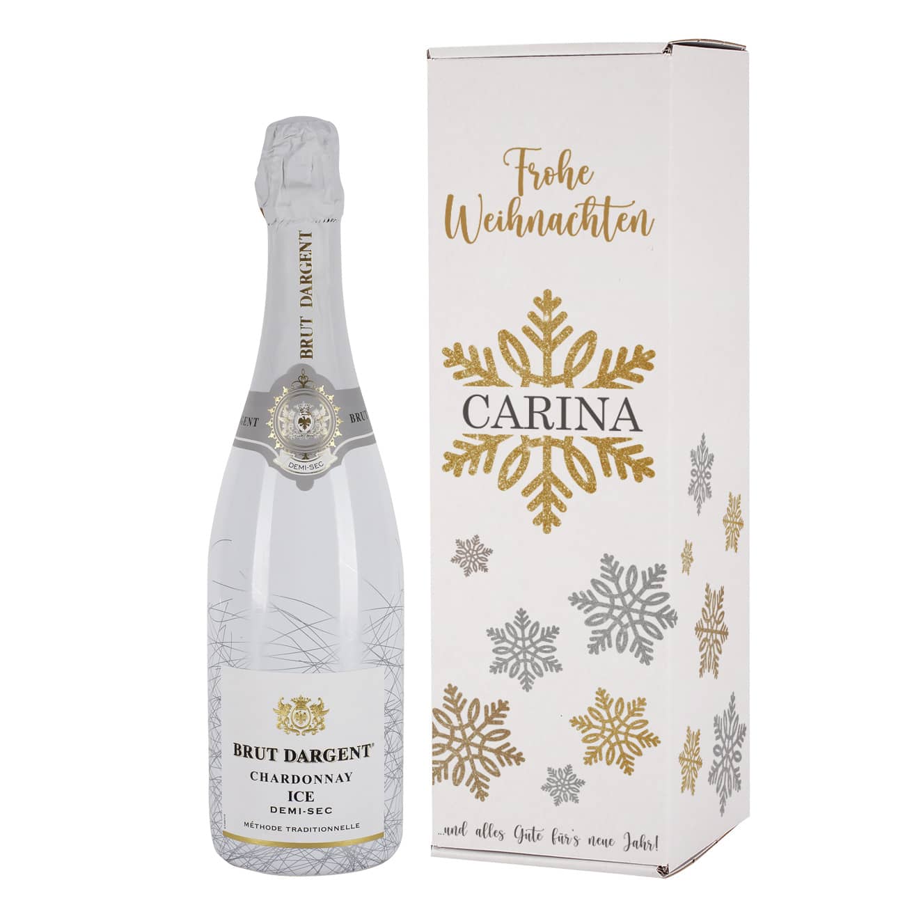 Sekt in Geschenkbox mit Schneeflocken und Name bedruckt