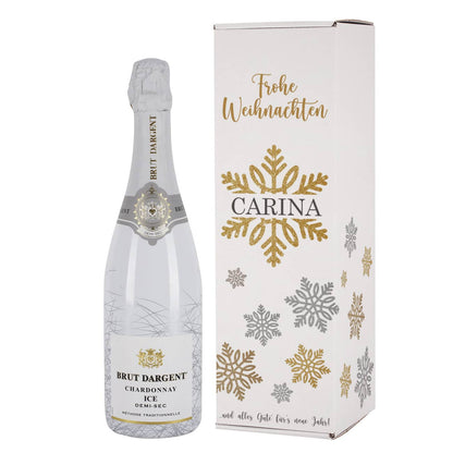 Sekt in Geschenkbox mit Schneeflocken und Name bedruckt