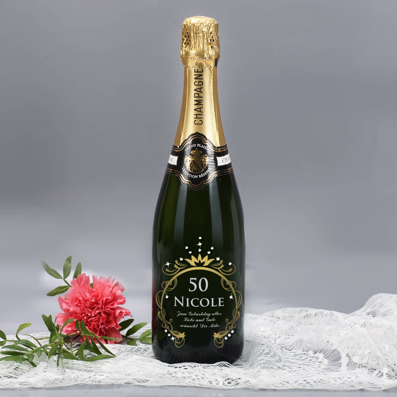 Champagnerflasche zum Geburtstag mit Gravur in Gold und Silber und SWAROVSKI® ELEMENTS Strassteinen
