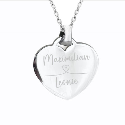 Herzkette mit Gravur zweier Namen und Herz zum Valentinstag in Geschenkbox