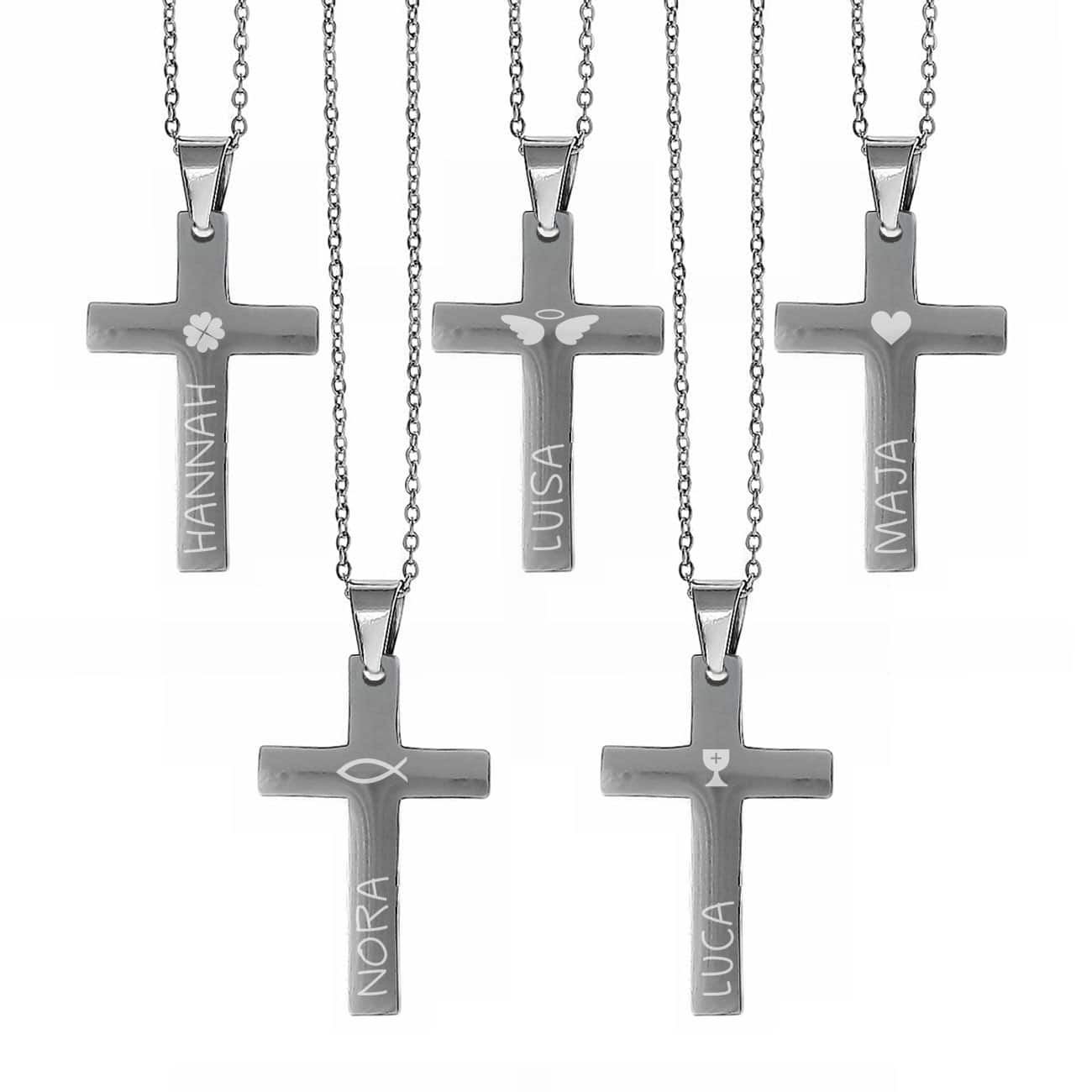 Gravierte Halskette mit Kreuz , Name und religiöse Motive