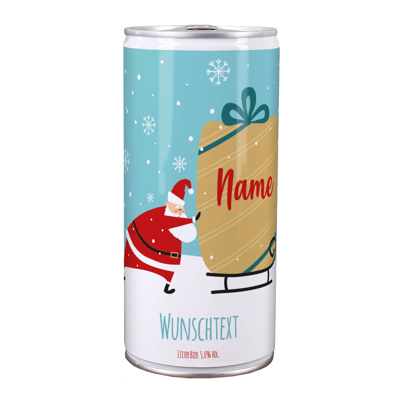 Bier mit Weihnachtsmann und Geschenkeschlitten, Name und Wunschtext, 1 Liter