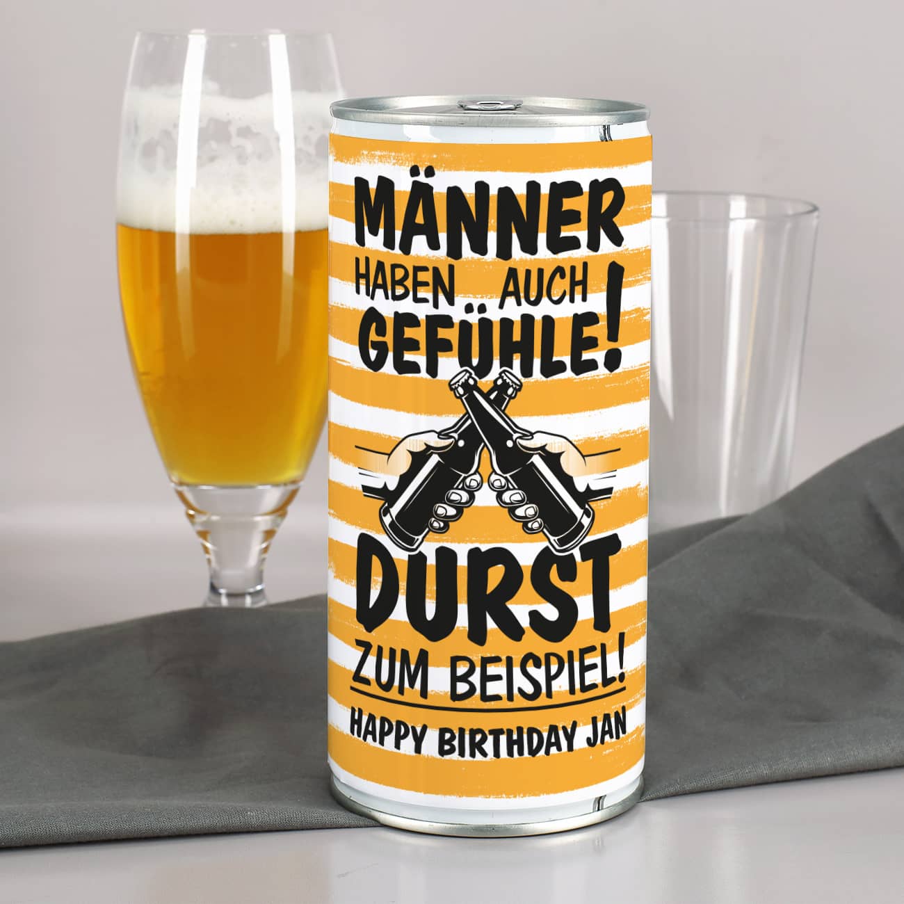 Bierdose für Männer mit witzigem und personalisiertem Etikett