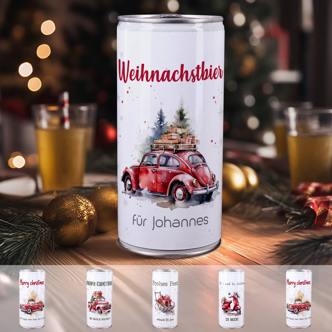Weihnachts-Bier mit Ihrem Text & Santa's Fuhrpark