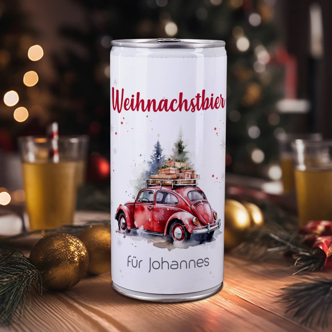 Weihnachts-Bier mit Ihrem Text & Santa's VW Käfer