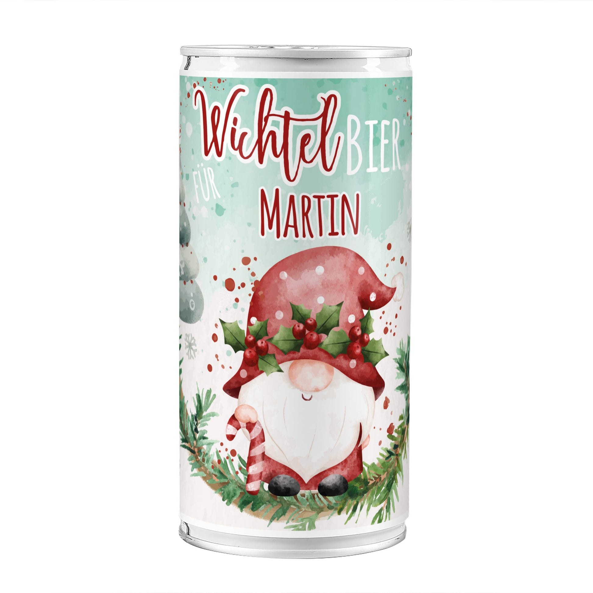 Freigestellte Wichtelbier-Dose mit Wichtelmotiv und personalisiertem Namen Martin auf weißem Hintergrund.