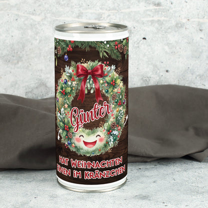 Personalisierte Weihnachts-Bierdose mit Name Günter, lustigem Kränzchen-Spruch und dunkler Stoffdekoration