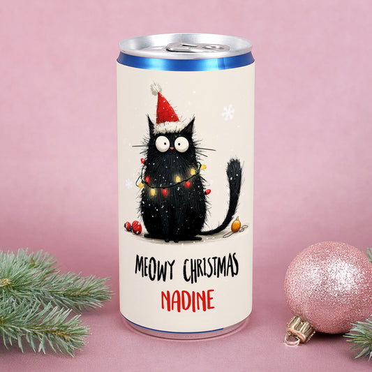 Personalisierte Prosecco-Dose Meowy Christmas mit Katze und Name Nadine im Weihnachtsmotiv