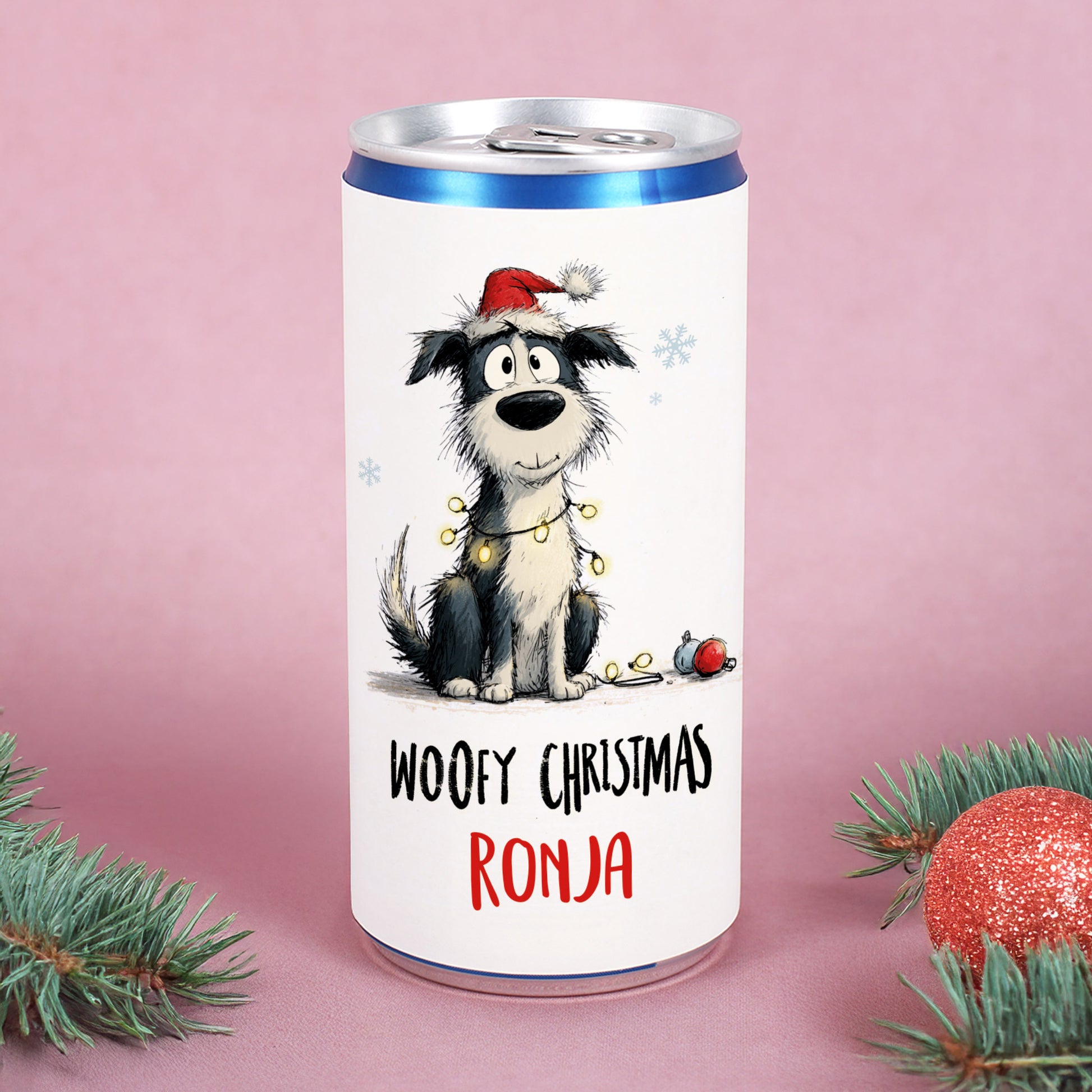Personalisierte Prosecco-Dose Woofy Christmas mit Hund und Name Ronja im Weihnachtsmotiv