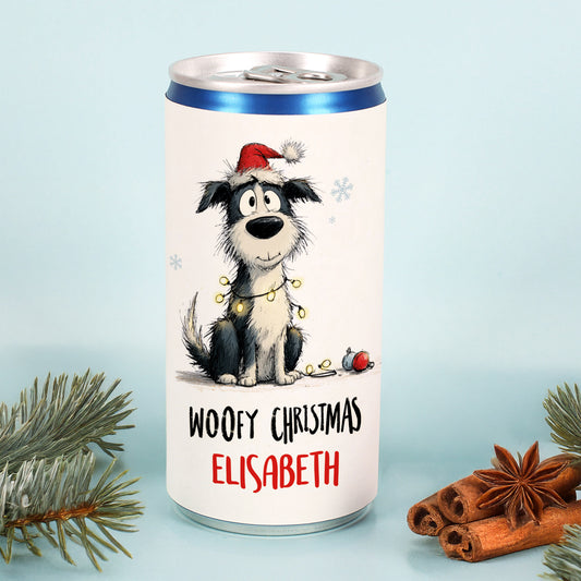 Weihnachts-Prosecco-Dose mit Hundemotiv, Schriftzug Woofy Christmas und Name Elisabeth