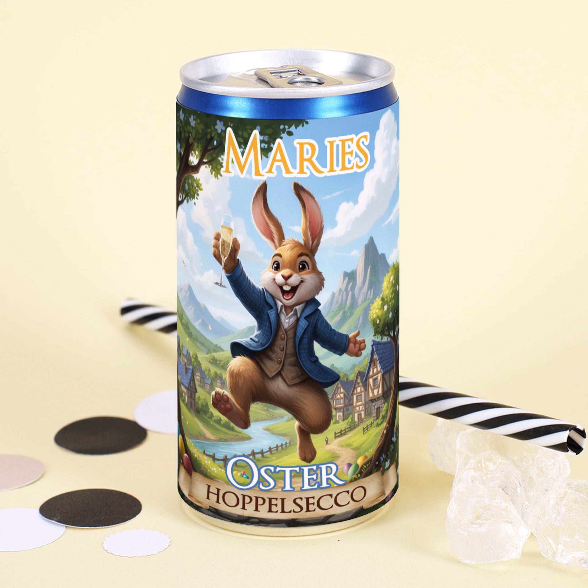 Personalisierter Secco 'Oster Hoppelsecco' mit Name | Oster Secco-Dose mit Hase - Geschenk zu Ostern