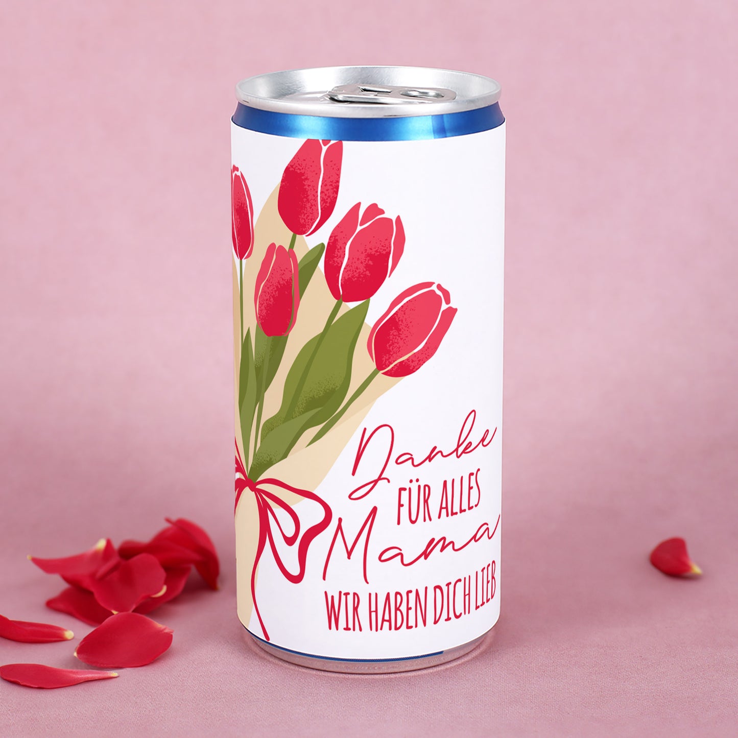 Secco Dose mit Tulpenstrauß Design und personalisiertem Text auf rosa Hintergrund mit Blütenblättern