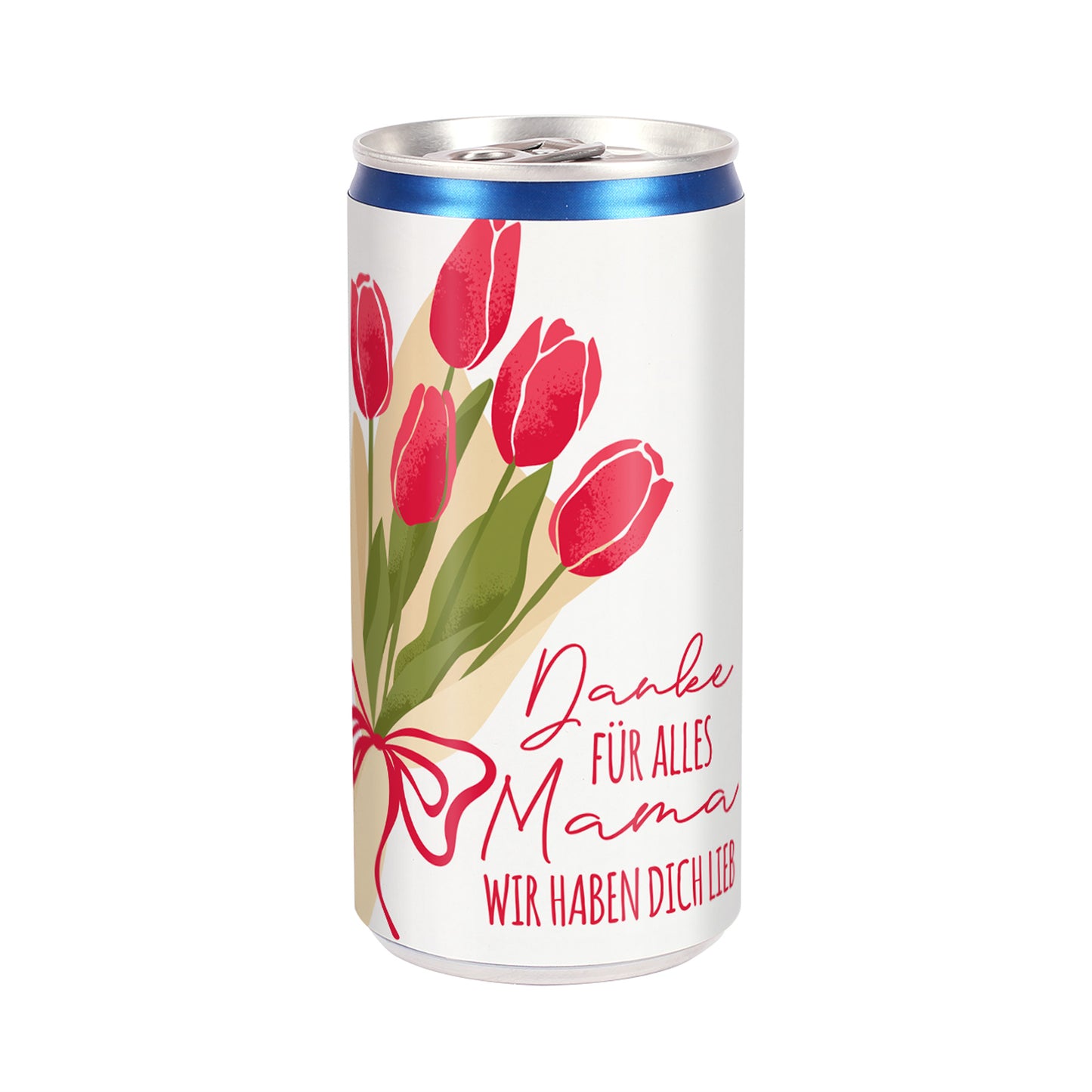 Personalisierte Secco Dose Muttertag mit Schriftzug Danke für alles Mama auf weißem Hintergrund