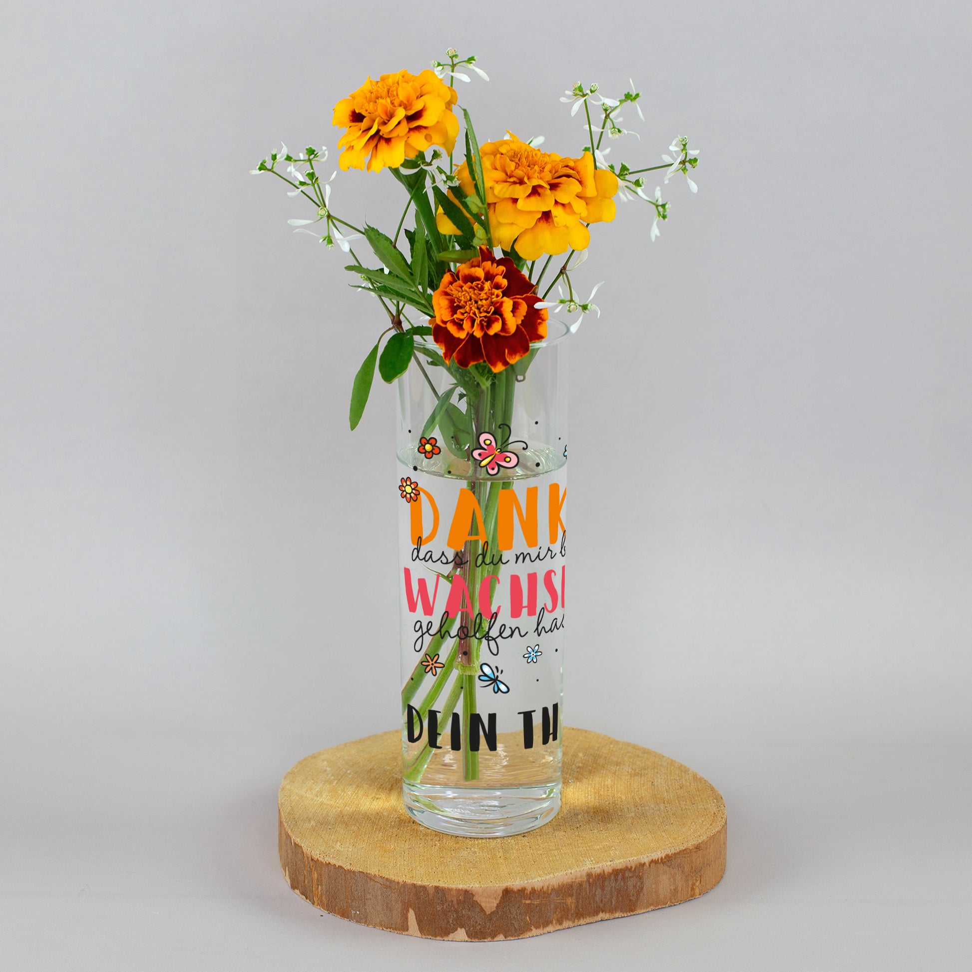 Personalisierte Dankeschön Vase aus Glas mit Blumen für Lehrer, Erzieher und Kita-Abschied