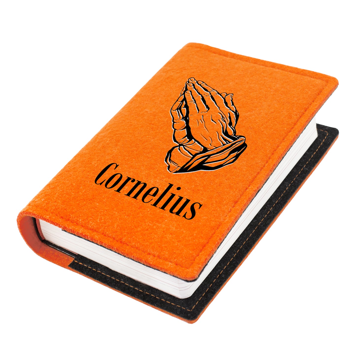Orange Buchhülle aus Filz mit betenden Händen Motiv und personalisiertem Namen Cornelius